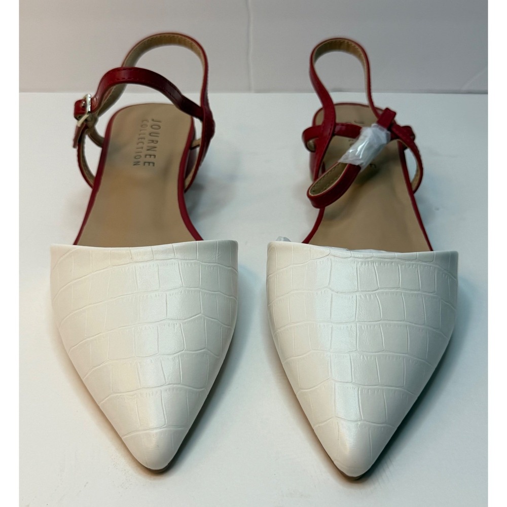 Journee Collection Brynn Block Heel Pointed Toe Flats White/Red Size 11 NWT/BOX